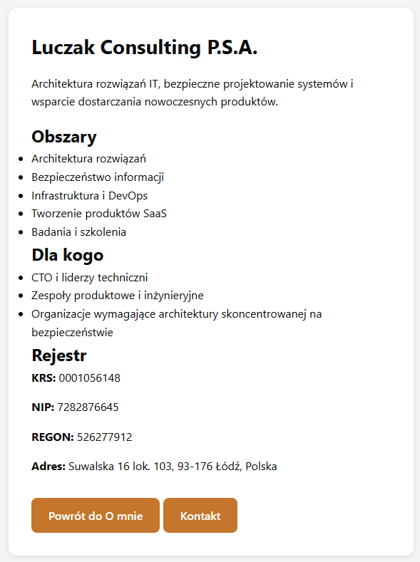 Company page with service areas and registry information